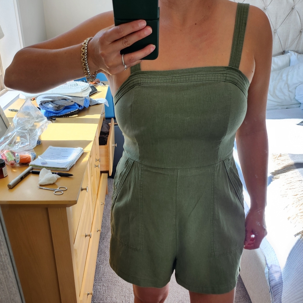 Green Linen Blend Short Romper